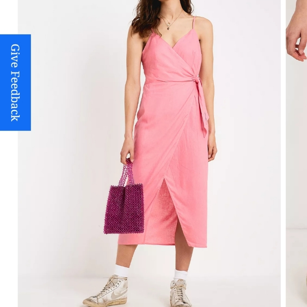 URBAN OUTFITTERS Chic Bright Pink Midi Wrap Dress Linen XS Summer Vacation